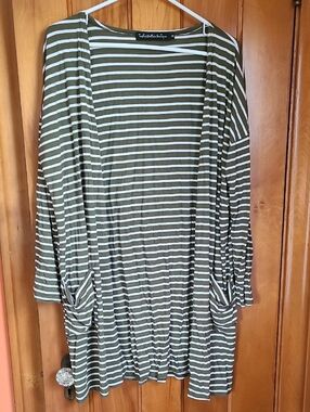 Soft Lightweight Olive & White Striped Open Cardigan - Casual Layering